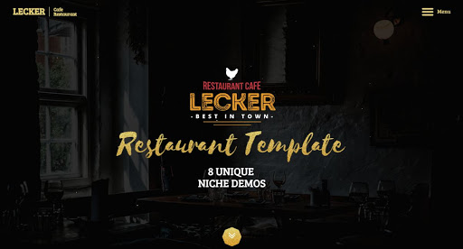 mẫu website nhà hàng Lecker dễ dàng sử dụng với giao diện đơn giản đẹp mắt và cũng không kém phần sang trong.